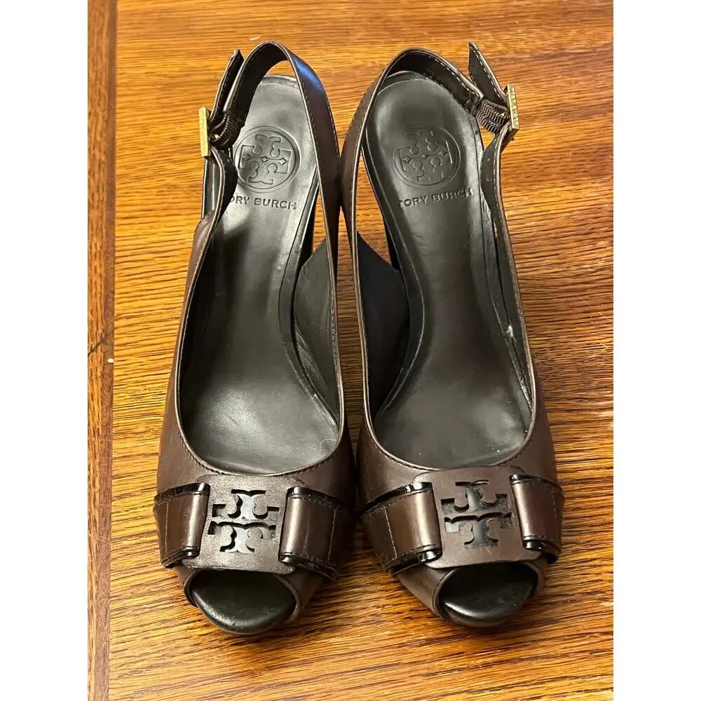 Tory Burch Tennyson Coconut 210 Vegan Leather Peep Toe Slingback Heels 7.5